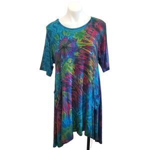 Unique Batik Tie Dye Dress Tunic L -XL Artsy Festival Hippie Psychedeli Pockets